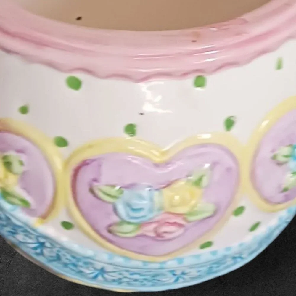 Ceramic Bunny Cookie Jar With Floral & Heart Details Pastel Colors Spring/Easter